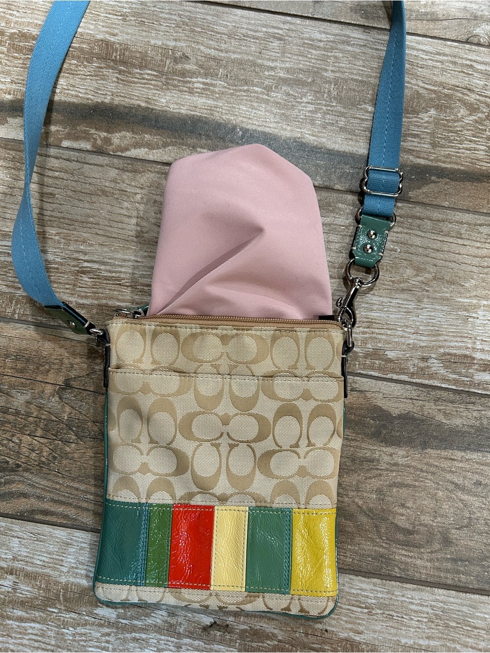 Coach Beige Signature Crossbody with Multicolor Leather Panels and Blue Strap - Picture 10 of 13
